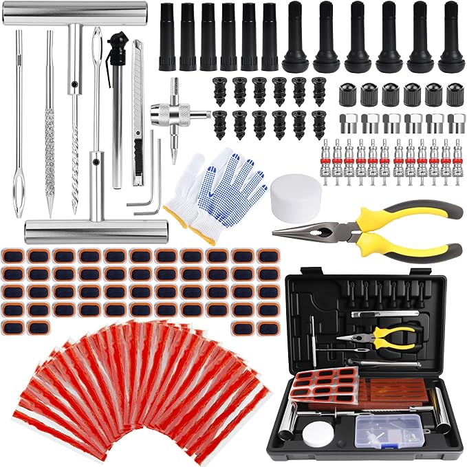 Tire Plug Kit, 160 PCS Tubeless Tire Repair Kit with Metal T-Handle Tools, Repair Strips, Screw-in Repair Plugs, Valve Stem Service Accessories, Pressure Gauge, Gloves & Hard Case