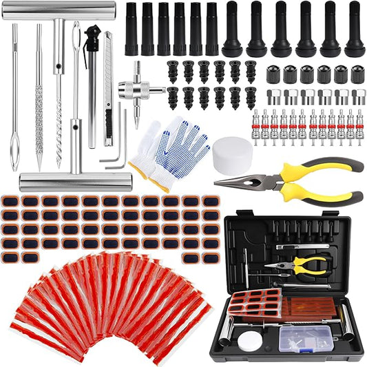 Tire Plug Kit, 160 PCS Tubeless Tire Repair Kit with Metal T-Handle Tools, Repair Strips, Screw-in Repair Plugs, Valve Stem Service Accessories, Pressure Gauge, Gloves & Hard Case