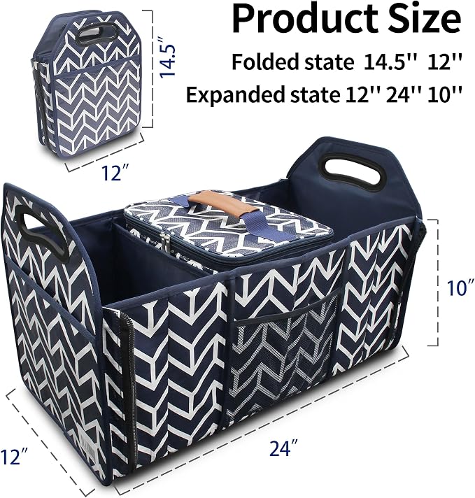 Orionstar Trunk Organizer, Foldable Car Storage Bag Insulation Cooler Bag | Collapsible Vehicle Organizer Divider Storage Totes with 3 Compartment Cargo Tote for SUV, Navy Blue