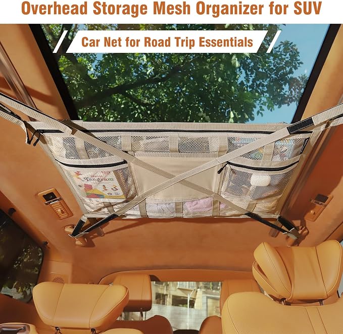 Car Ceiling Cargo Net with 2 Pockets,31.5"x21.6" Overhead Storage Mesh Organizer for SUV and Mini Van,Double Car Net for Road Trip Essentials,Camping Gear,Vehicle Roof Storage,Beige