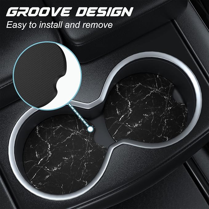 Aiawoxc Car Cup Holder Coasters, 2 Pack Universal Auto Anti Slip Insert Coaster with A Finger Notch, Cute Car Assecories for Women Men, Cup Mat for Most Interior, Black Marble