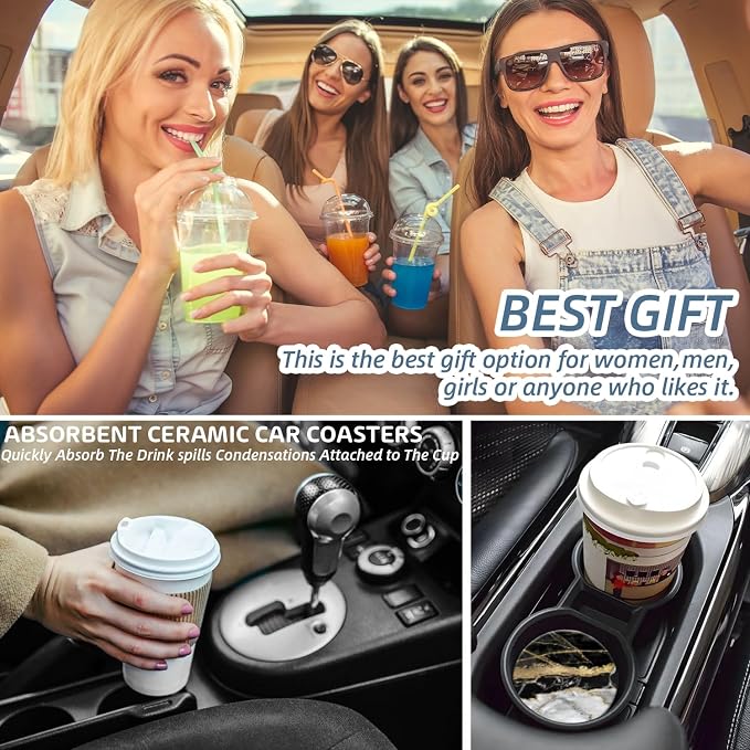 Cup Holder for Car,Black Gold Marble Print Ceramic Coasters Non-Slip Cup Holder Insert with Fingertip Grip, Auto Interior Accessories for Women & Men,Pack of 2, 2.56In