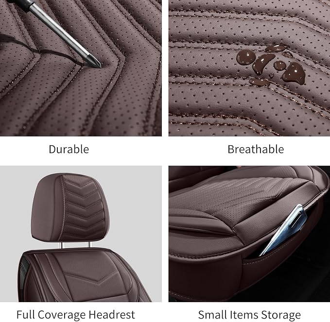 HChengkikz Nappa Leather Car Seat Covers Full Set, Brown Car seat Protector 5 Seats, Waterproof Car Seat Cushion, Universal Automotive Seat Covers Fit for SUV Truck Pick-up Sedan, Front and Rear | Easy Maintenance, Airbag Compatible, Universal Fit For ...