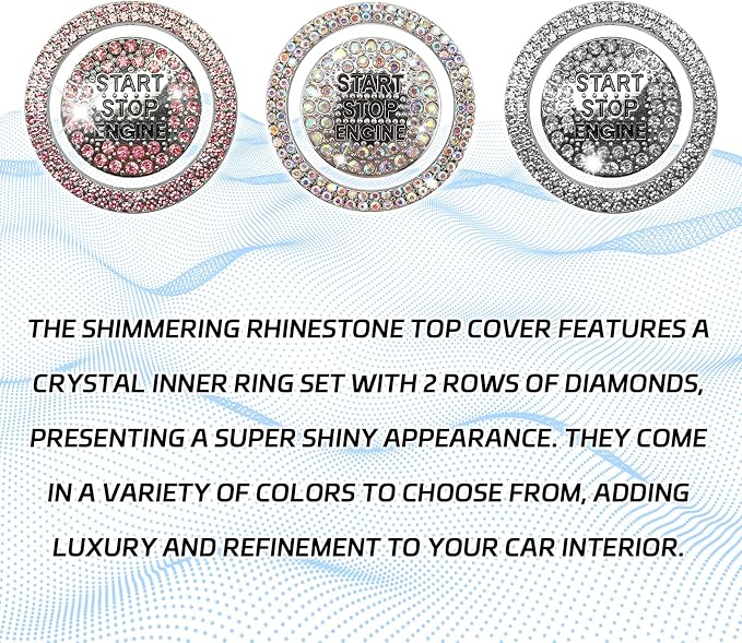 2PCS Rhinestone Push Start Button Cover Bling Car Accessories for Women, Sparkly Diamond Push to Starter Stop Button Decorative Cover, Key Ignition Knob Ring Crystal Emblem Sticker(Colorful)