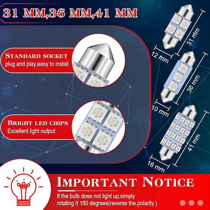 Frienda 70 Pcs Interior Lights LED Car Bulb Kit Set Dome Light 31 36 41 mm 12v De3175 6411 T10 2825 6612f 6615f for Dome Map Read Door Trunk Glove Box License Plate Cargo Courtesy(Red)