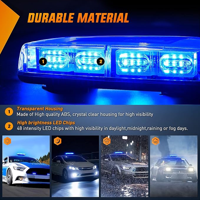 Nilight 12 Inch Roof Top Strobe Lights 48LED Hazard Light Emergency Safety Warning LED Flashing Bar Magnetic Mount 12V 24V Cars Trucks Tractors Snow Plows Construction Vehicles