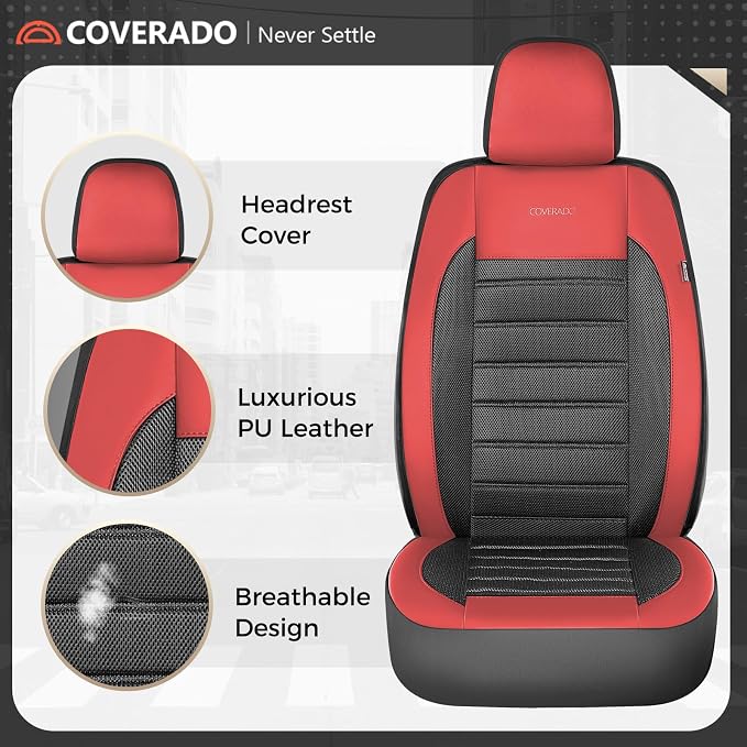 Coverado Car Seat Covers Front Seats, Luxury Leather Car Seat Covers, Automotive Mesh Seat Covers 2 Pack, Airbag-Compatible, Black Red Seat Covers for SUV Sedan Truck