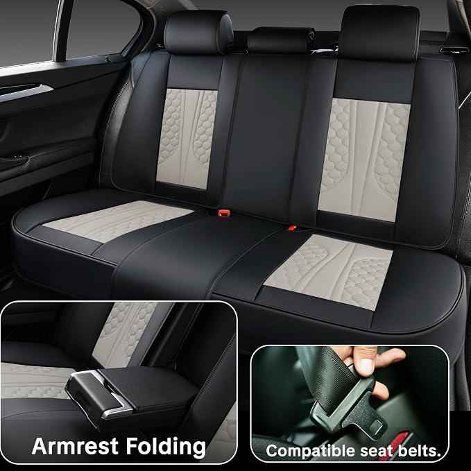 Black and Grey PU Leather Car Seat Covers | Luxury Waterproof Car Seat Covers with Lumbar Support, Non-Slip Base, Airbag Compatibility, Easy Installation and Cleaning