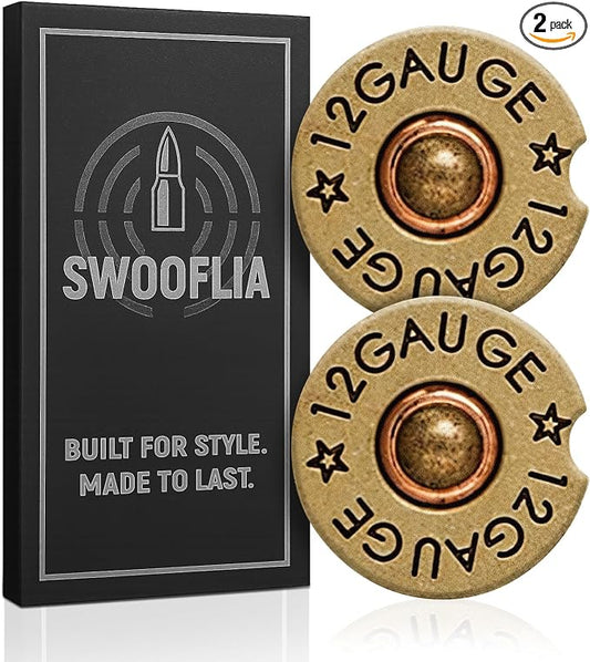 Swooflia Car Coasters for Men - 12 Gauge Bullet Shaped Ceramic Car Cupholder Coaster Cool Absorbent Mat Coaster with Cork Base 2 Pack Automotive Cup Holder Accessories New Driver Gifts