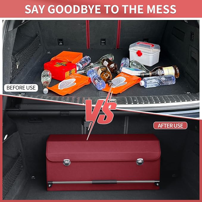 Trunk Organizer for Car with Lid Leather Trunk Organizer Car Organizer | SUV Trunk Organizer with Push-pull Handle Car Trunk Storage Organizer for Minivan, Truck, Sedan (Claret, 27.17x11.42x12.2in)