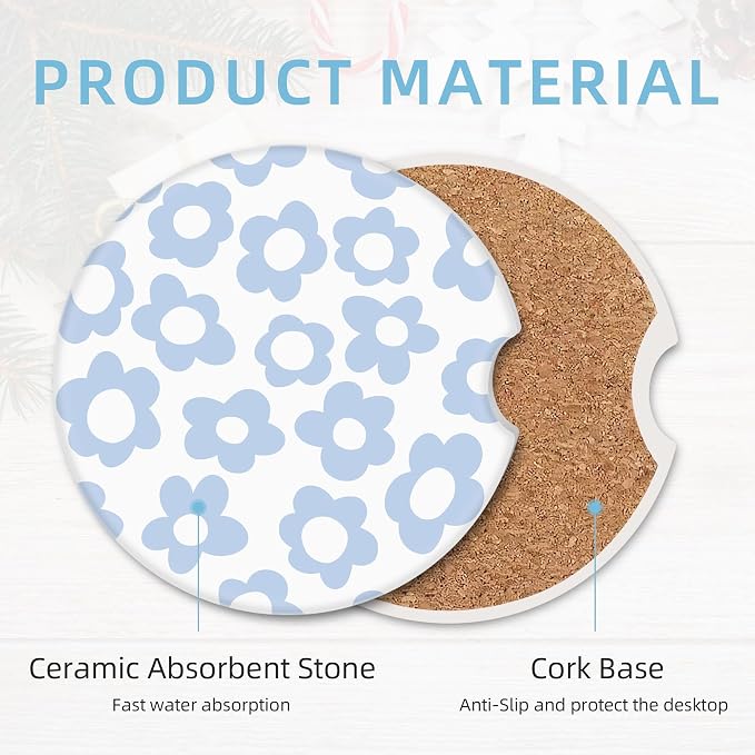 2 Pack Car Coasters for Cup Holders, 2.56" Universal Absorbent Ceramic Stone Car Cup Holder Coasters with Non-Slip Cork Base, Car Interior Accessories for Women Men(Blue Retro Floral)