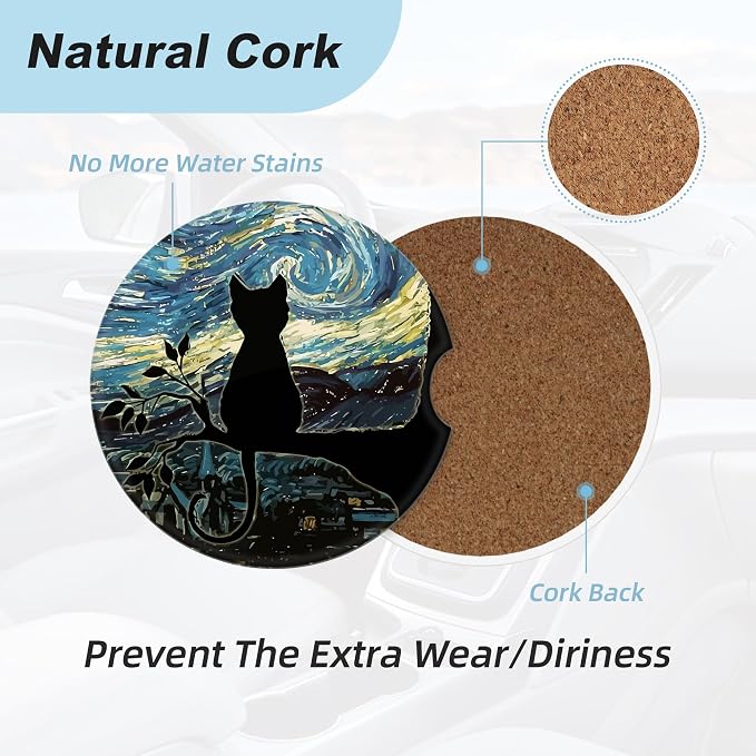 Aesthetic Black Cat Car Coasters for Cup Holders,2 Pack Car Cup Holder Coasters for Car,Ceramic Absorbent Car Coaster with A Finger Notch and Cork Base,Car Interior Accessories for Women Men