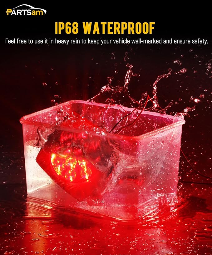Partsam 12V Submersible Square Led Trailer Lights, Red White LED Stop Turn Tail License Side Marker Running Light Lamp for Trailers Under 80" Boat Trailer Truck, IP68, Red Clear Lens