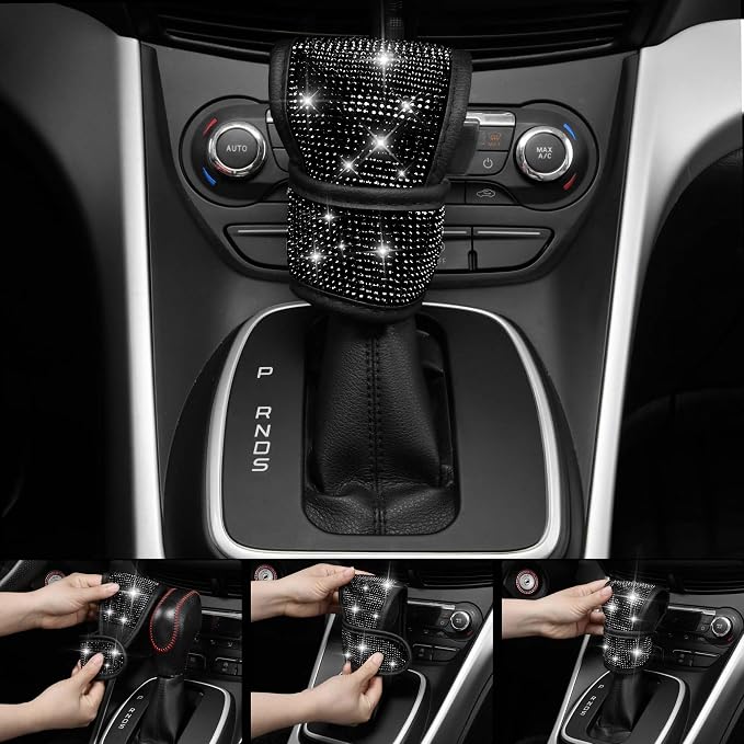 CAR PASS Bling Diamond Leather Car Seat Covers 11 PCS, Sparkly Rhinestone Steering Wheel Cover Glitter Cute Interior Car Accessories Sets Seat Belt Cushion Cup Holder Coaster Women Girl, Black Diamond