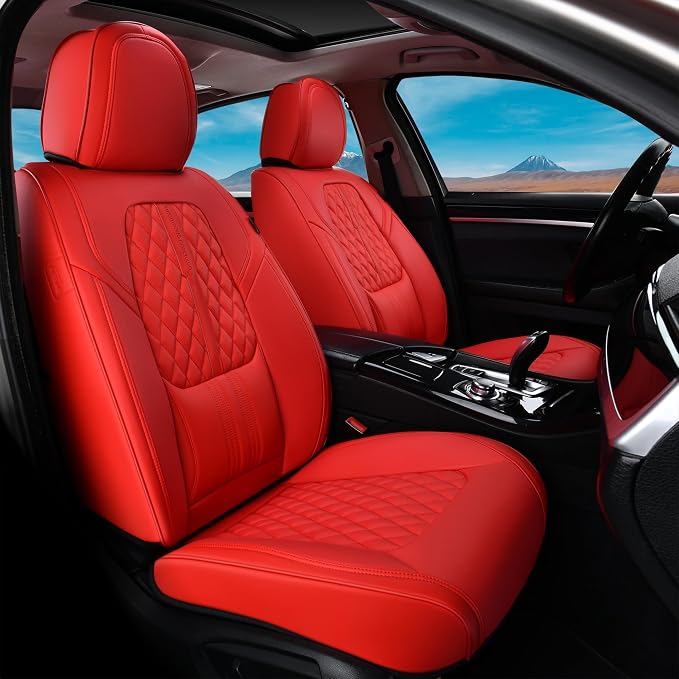 Coverado Car Seat Covers Full Set, Automotive Front and Rear Seat Covers with Backrest, Nappa Leather Car Seat Protectors Waterproof, Universal for Most Vehicles, Red