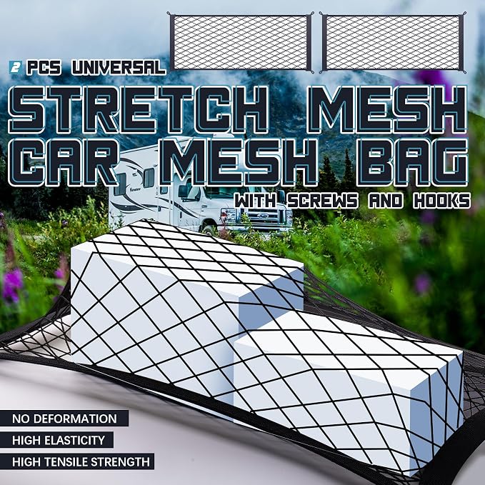 2 Pcs Universal Stretch Mesh Car Mesh Bag with Screws and Hooks for Trunk RV Boats Home Cargo Storage (23.6'' x 9.8'')