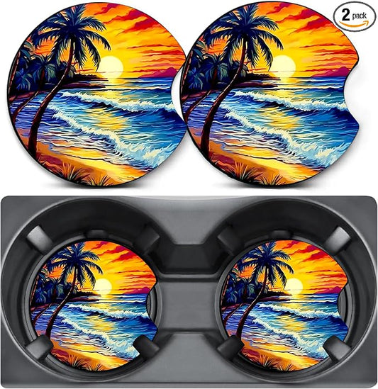 2 Pack Seaside Trees Car Coasters for Cup Holders,Neoprene Anti Slip Mat | 2.75" Universal Size,Auto Rubber Drink Coasters Decor Car Accessories Interior Seaside Trees Gifts for Women Men