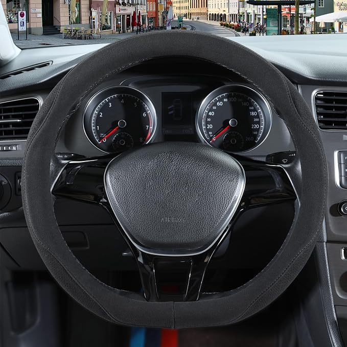 Black Suede D Shaped Steering Wheel Cover 13.5 inch to 14 inch | Warm in Winter and Cool in Summer, Small Felt Car Accessories, Breathable Non-Slip Sweat-Proof Wear-Resistant