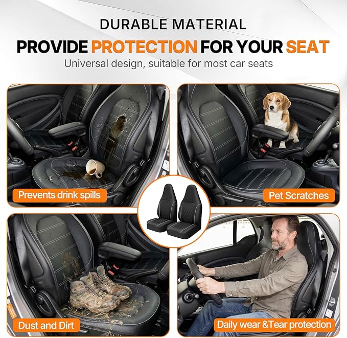 TOYOUN Luxury Diamond Stitch PU Leather Front Car Seat Covers Universal | Waterproof Black White Stitching Airbag Compatible 2 Pack Premium Seat Protectors For Cars Trucks SUVs Vans Auto Accessories