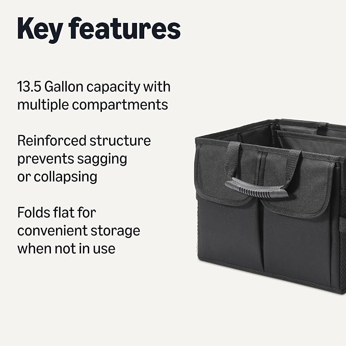 Amazon Basics Car Boot Organiser, Multi-Compartment Trunk Storage Box, Foldable, 51L Capacity, Black
