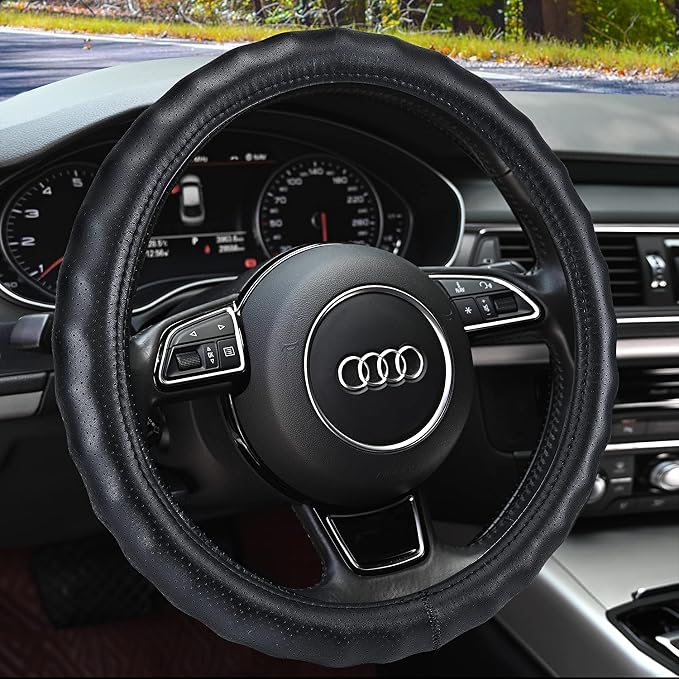 Haokay Heavy Duty Pure Cowhide Steering Wheel Cover, Black Genuine Leather Steering Wheel Cover Men Women Comfort Finger Grips Universal 14.5 to 15 Inch