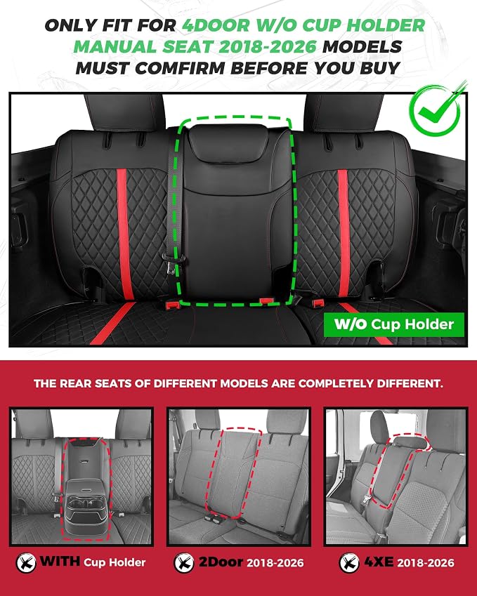 for Jeep Wrangler Seat Covers 4Door JL 2018 2019 2020 2021 2022 2023 2024 2025 2026, Custom Car Seat Cover Full Set, Luxury Waterproof Leather Protectors, Black Red Trim, W/O Rear Cup Holder