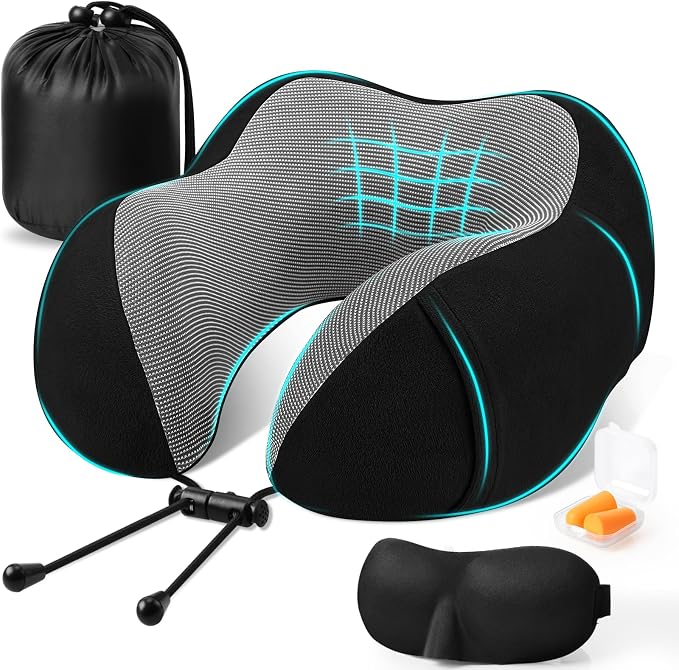 CloudBliss Travel Pillow for Airplane, Memory Foam Neck Pillow for Travel, Compact Flight Pillow with Eye Mask, Earplugs, Carry Bag, Travel Neck Pillow for Long Flight Sleep, Plane Accessories, Black
