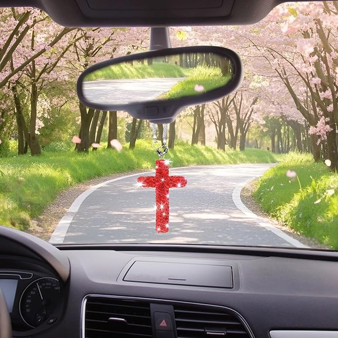 Bling Car Rear View Mirror Accessories Hanging Pendant,Cross Crystal Rhinestone For Car Mirror Hanging,Double-Sided Cross Diamond Religious,Interior Men Women Car Accessories