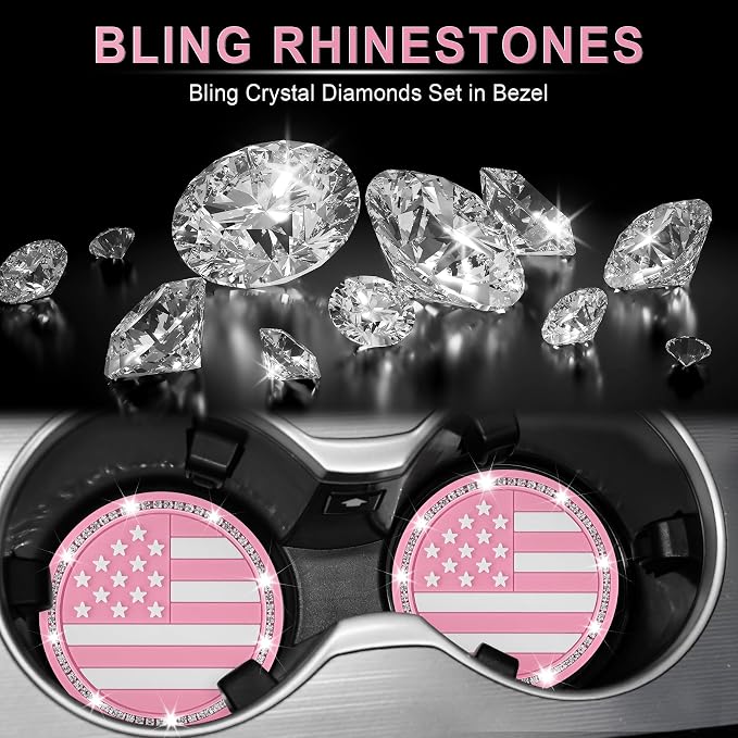 JUSTTOP Bling Car Cup Holder Coaster,4PCS American Flag Cup Holder Insert,Universal Non-Slip Cup Holders,Car Accessories Interior for Women and Man(Pink)