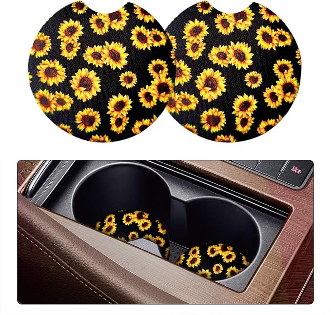 Osilly Car Coasters for Drinks, 2PCS Absorbent Sunflower Cup Holders for Women/Men, 2.75 Inch Removable Cup Holder Insert Coaster for Drinks, Car Interior Accessories for Most Cars
