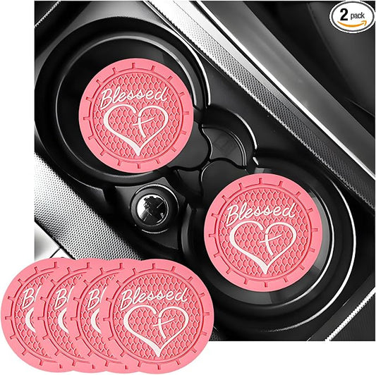 KVAEY 2 PCS Car Cup Holder Coasters, 2.76 Inch Anti Slip Vehicle Drink Mats with Cute Blessed Cross and Heart, Shockproof, Universal Car Accessories (Pink, 4 PCS)