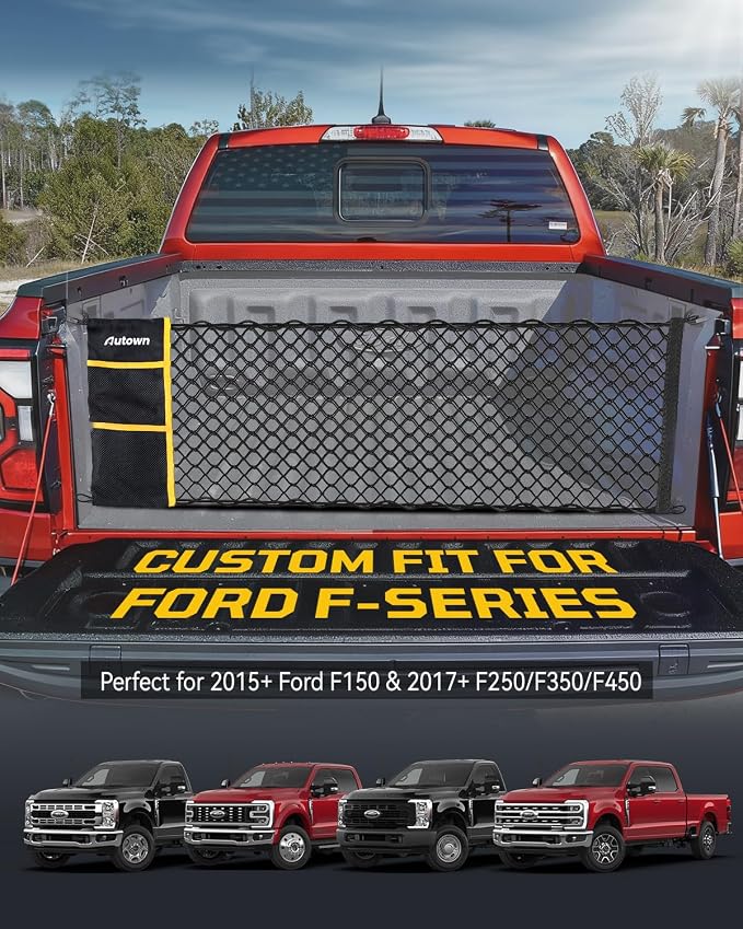 AUTOWN Truck Bed Cargo Net, Envelope Style Bed Netting for 2015+ Ford F150 & 2017+ F250/F350/F450, Pickup Truck Bed Organizer with 5mm Bungee & Integrated Storage Bag & Eyebolts & Carabiners