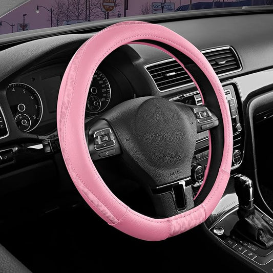 Road Comforts Steering Wheel Cover - Flat Bottom Wheel Cover Made with PVC Leather and Leopard Fabric - Universal Fit for 15-Inch D-Shaped Automotive Steering Wheels (All Pink)