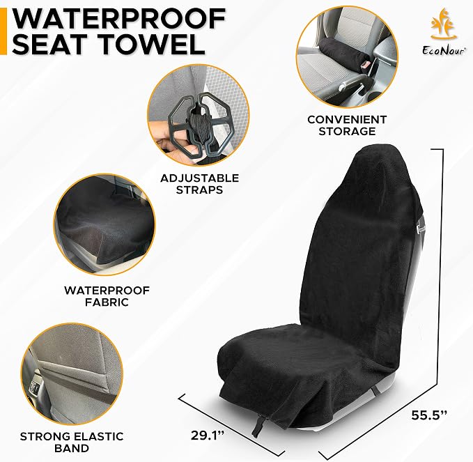 EcoNour Car Seat Cover Sweat Towel – Waterproof Universal Seat Protector for Gym, Workout, Swimming, Camping & Dog Travel – Washable Car Seat Cover for Cars, Trucks, SUVs & Vans – Black 29" x 55.5"