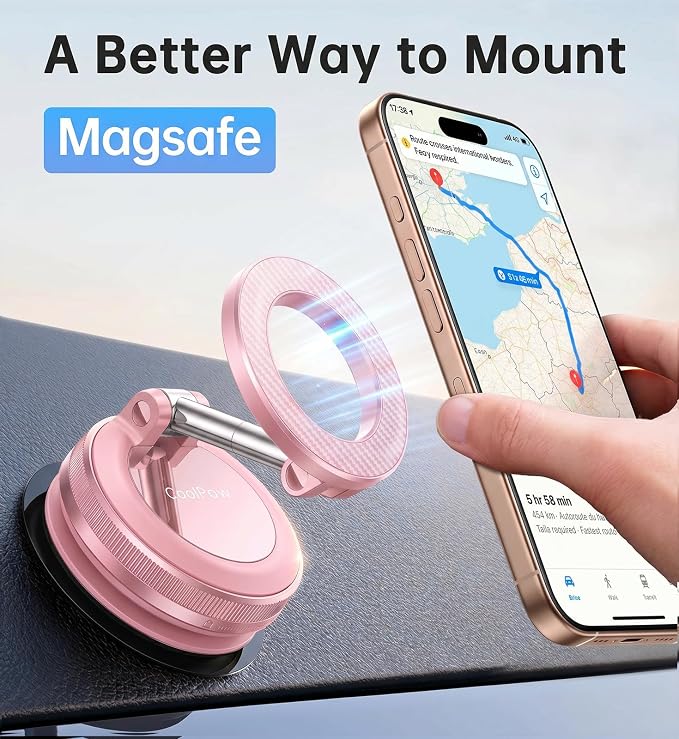 Coolpow【Newest Vacuum Magnetic Phone Holder for Car Phone Holder Mount【Movable Vacuum Suction】 Magsafe Car Mount Cell Phone Holders for Your Car Accessories for Women Men for iPhone 17 16-Light Pink
