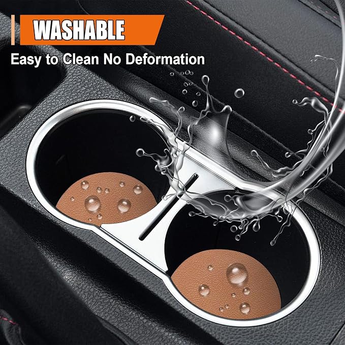 Car Cup Holder Coaster, Leather Anti-Slip Auto Cup Holder Insert Coaster, Shockproof Waterproof Drink Mat, Universal Vehicle Interior Decoration Accessories for Cars, Trucks, SUVs (Brown)
