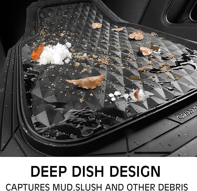 CAR PASS Heavy Duty Rubber Car Mats, Deep Dish All-Weather Floor Mat for Car Full Set Durable Anti-Slip 3D Rhombus Waterproof Trim to Fit Liner Universal Fit Automotive,Sedan,SUV,Truck, 3 Piece Black