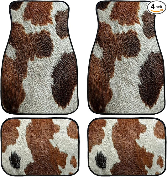 Cow Car Floor Mats Set of 4 Skin Brown White Spot Natural Texture Carpet Front Rear Carpets Mat Non-Slip Auto Car Accessories Universal Fit Car Accessories for Truck