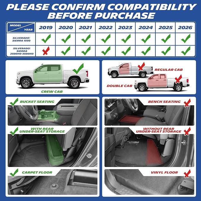 Michelin Vehicle Mats, All-Weather TPE Custom Fit Liner for 2019-2026 Silverado/Sierra 1500, 2020-2026 2500/3500, Crew Cab Bucket Seat Carpet Floor with Rear Under-Seat Storage, Premier A