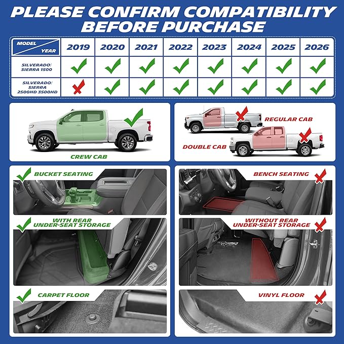 Michelin Vehicle Mats, All-Weather TPE Custom Fit Liner for 2019-2026 Silverado/Sierra 1500, 2020-2026 2500/3500, Crew Cab Bucket Seat Carpet Floor with Rear Under-Seat Storage, Premier B