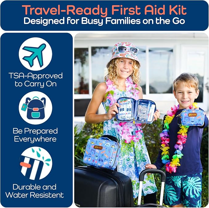 Keep Going Travel First Aid Kit for Kids – 130 Pc. for Car, Purse, Diaper Bag, Backpack, & Suitcase, with Latex-Free Bandages – 7 x 5 x 2 in. Travel First Aid Kit TSA-Approved