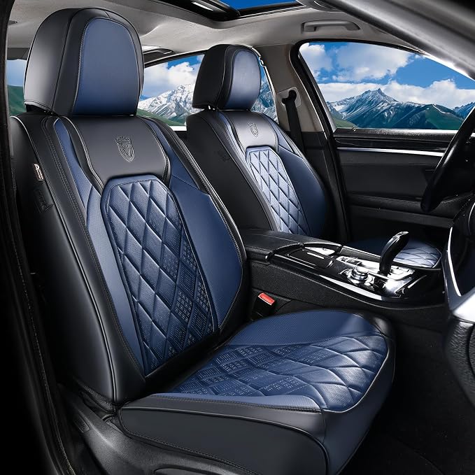 Coverado Car Seat Covers Full Set, Luxury Faux Leather Waterproof Seat Cover, Black and Blue Car Seat Covers, Car Seat Protector, Automotive Seat Covers Universal Fit for Most Cars, Black&Blue