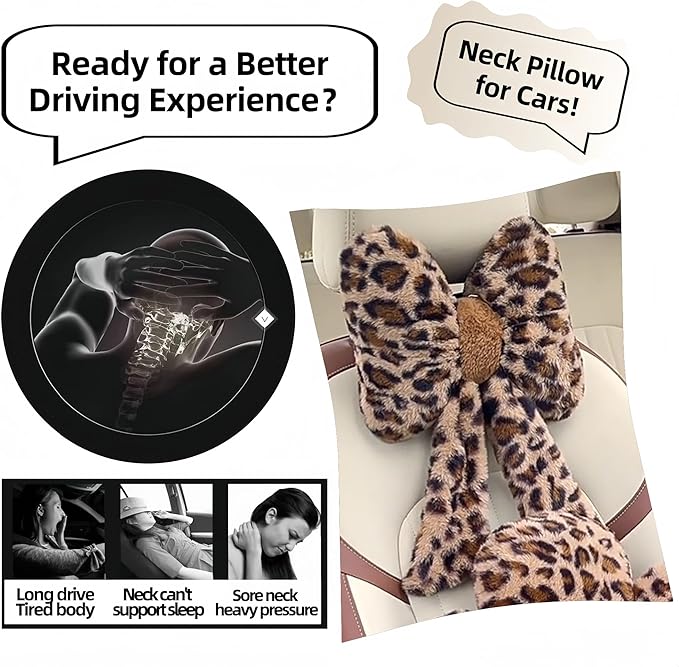 Car Neck Pillow Plush Bowknot Car Headrest Pillow Comfortable Neck Support for Driving Soft Touch Fabric Car Pillow Cute Interior Decor (Leopard-1Pcs)