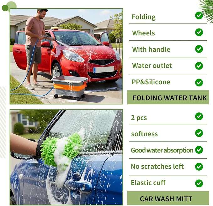 Maxdot Car Wash Bucket with Wheels Lid and Handle, 5.5 Gallon Collapsible Rolling Wash Bucket with 2 Microfiber Mitts for Car Cleaning, Camping, Rv & Pet Bathing