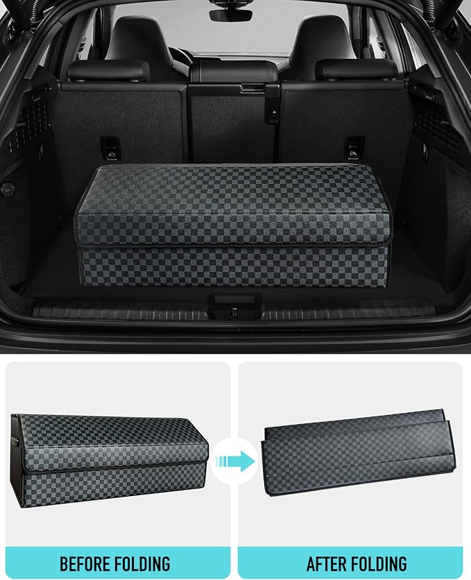 Fyzeoty Car Trunk Organizer for SUV and Sedan, Blue-Gray, 29.5 inches | Unique Blue‑Gray Plaid, Extra Large, Leather Storage Box, Magnetic Lid, Collapsible & Adjustable, Water‑Resist & Dust‑Proof