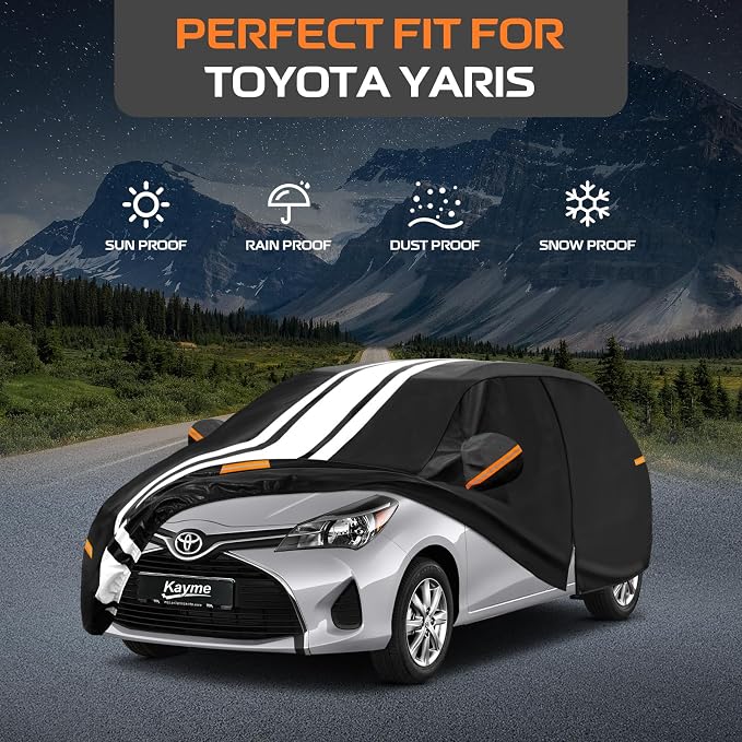 Kayme Heavy Duty Car Cover Custom Fit for Toyota Yaris (2006-2021) Waterproof All Weather for Automobiles, Gift with Tape/Towel, Outdoor Full Exterior Cover Rain Snow Sun UV Protection.