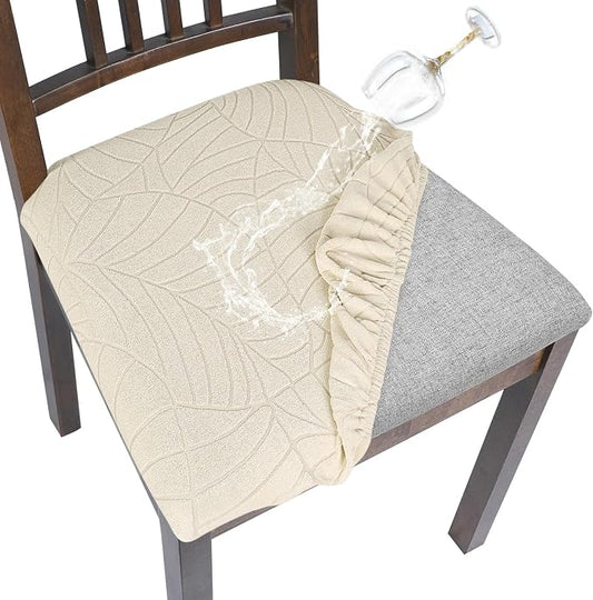 SearchI Waterproof Seat Covers for Dining Room Chairs Stretch Jacquard Chair Seat Covers Set of 4, Removable Washable Kitchen Chair Seat Protector Cushion Slipcovers for Office (Beige Leaf)