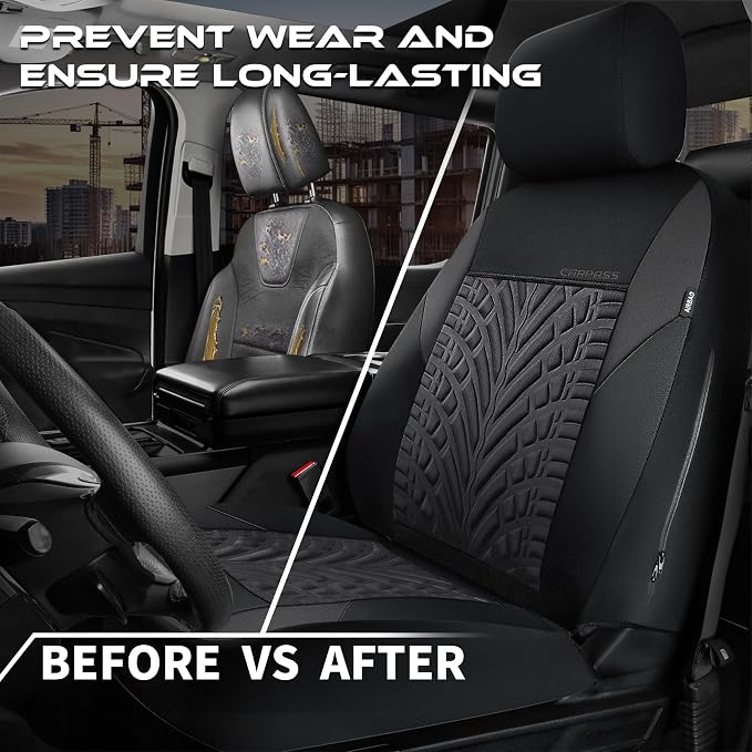 CAR PASS Neoprene Waterproof Seat Covers Full Sets, Wetsuit Car Seat Covers 5 Seats Universal Fit Vans, Truck, SUV, 3D Tyre Embossed Seat Covers Anti Slip with Armrests, Aibag Compatible(Black Gray)