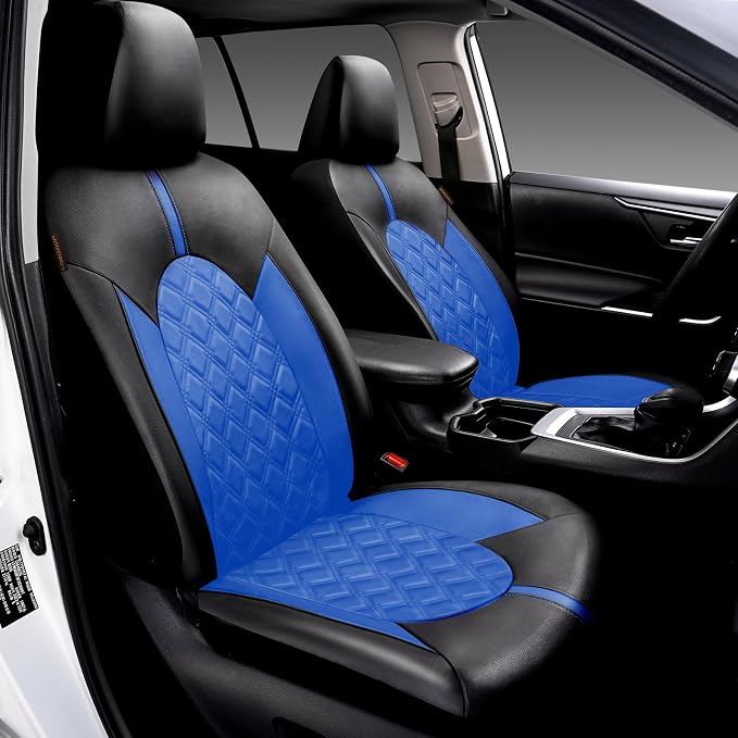 CAROMOP Luxury PU Leather Car Seat Covers Front Set, Anti-Stain Waterproof Automotive Seat Covers for Cars, Universal Car Interior Covers Seat Protectors for SUVs Pick-up Trucks(Royal Blue)