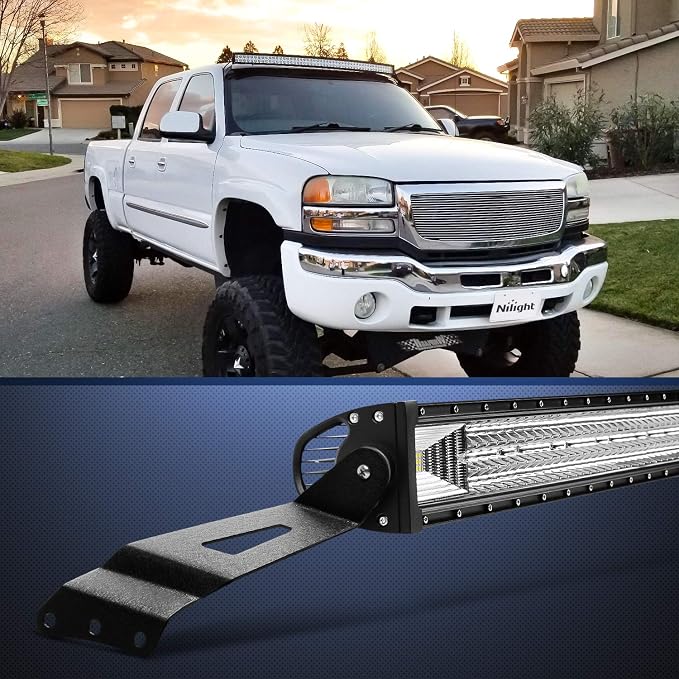 Nilight 90030B 2PCS 50” Curved LED Light Bar Bracket at Upper Windshield Roof Cab for 99-06 Chevy Silverado Suburban Avalanche Tahoe & GMC Yukon Sierra, 2 Years Warranty,Black
